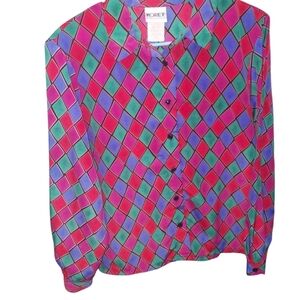 Vintage Koret Petites Vibrant Harlequin Print Button Down Blouse
